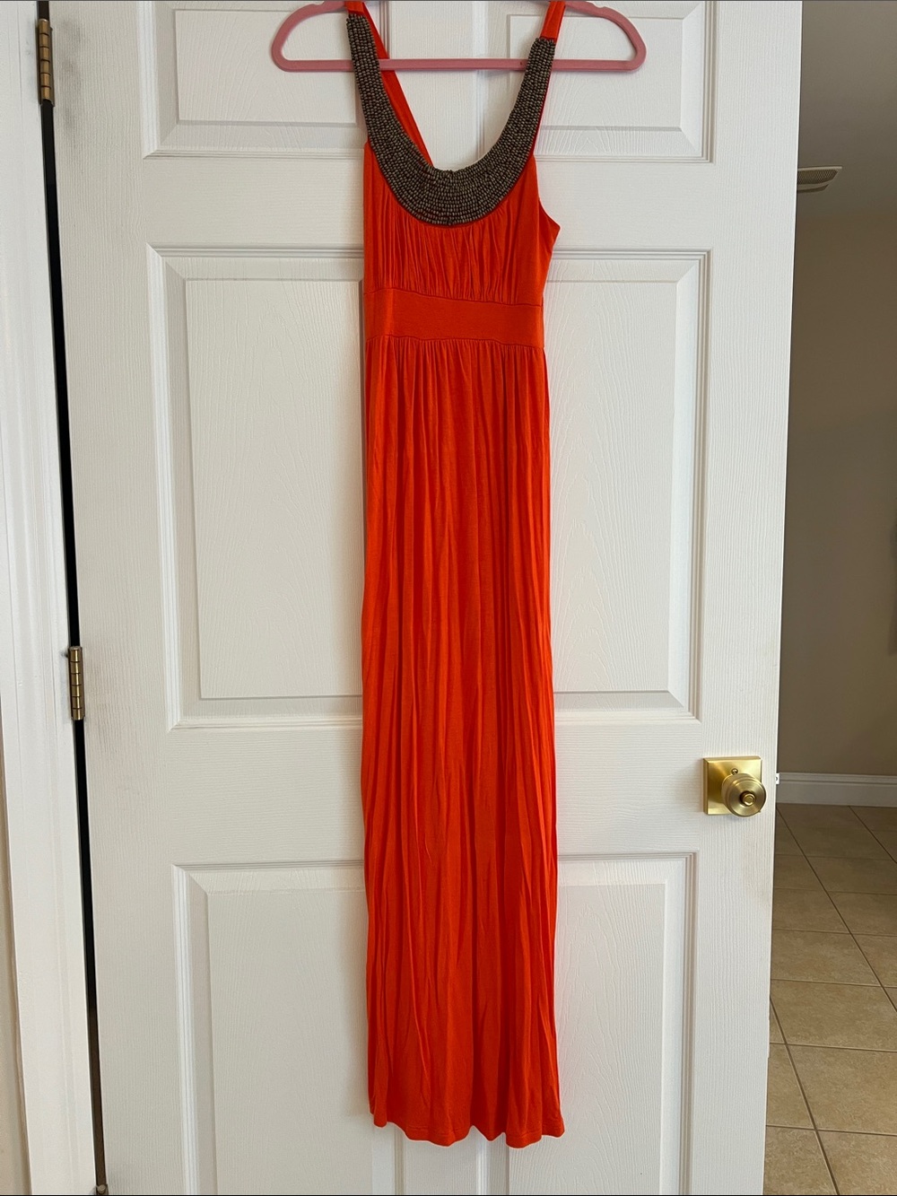 Orange Soprano dress with brown beaded neckline S